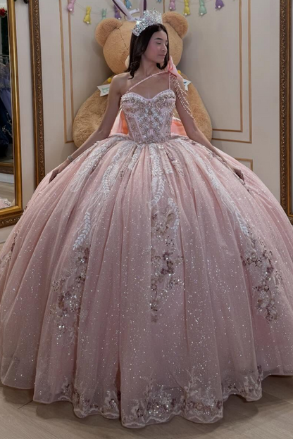 Ball Gown Princess Lace Sequin Beaded Sweet 16 Pink Quinceanera Dresses HE1587