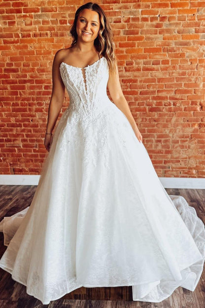 A Line Strapless Beach Lace Appliqued Wedding Dresses Plus Size Bridal Gown HE1563