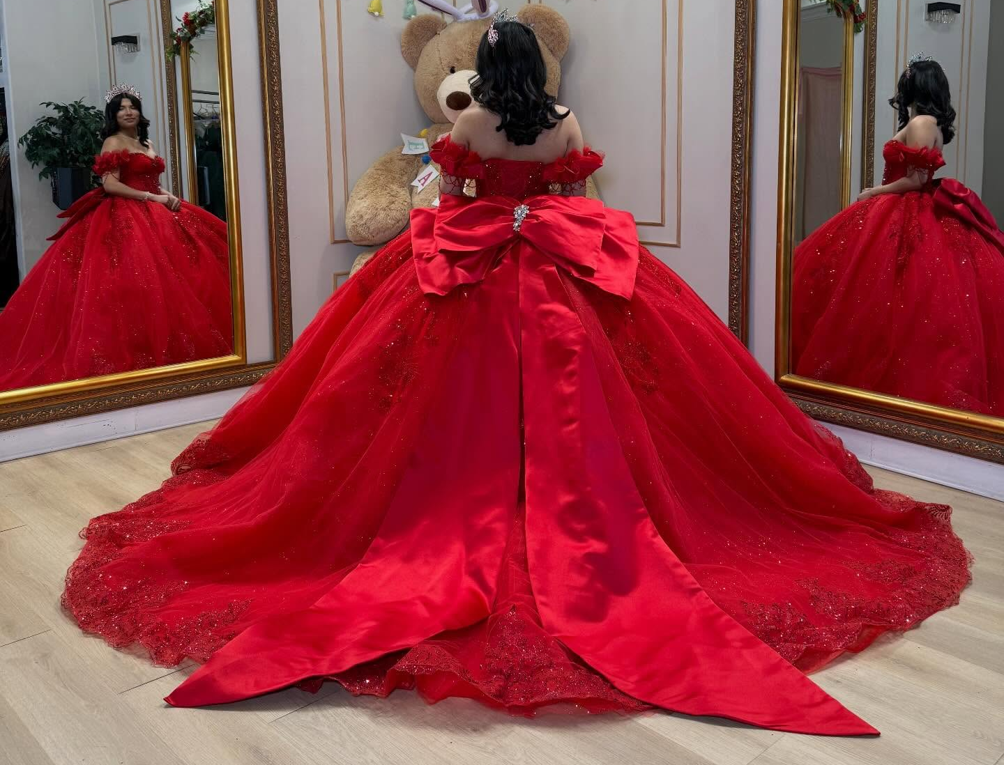 Off Shoulder Tulle Lace Beaded Princess Red Quinceanera Dress for Sweet 15 HE1580