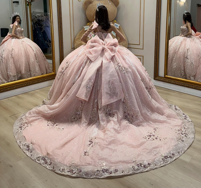 Ball Gown Princess Lace Sequin Beaded Sweet 16 Pink Quinceanera Dresses HE1587