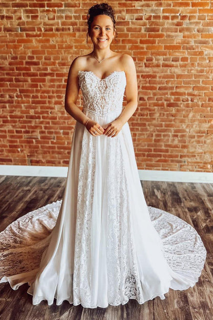 A Line Chiffon Lace Beach Bridal Wedding Dresses Sweetheart Boho Wedding Gown HE1564