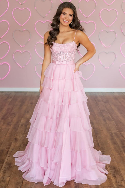 A Line Chiffon Ruffled Lace Appliqued Corset Prom Dresses Long for Women HE1582