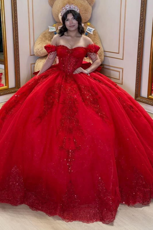 Off Shoulder Tulle Lace Beaded Princess Red Quinceanera Dress for Sweet 15 HE1580