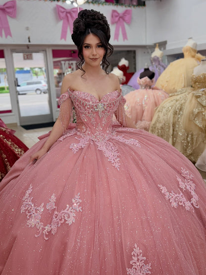 Glittery Tulle Lace Appliqued Pink Sweet 16 Quinceanera Dress for Sweet 15 HE1560