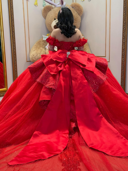 Off Shoulder Tulle Lace Beaded Princess Red Quinceanera Dress for Sweet 15 HE1580