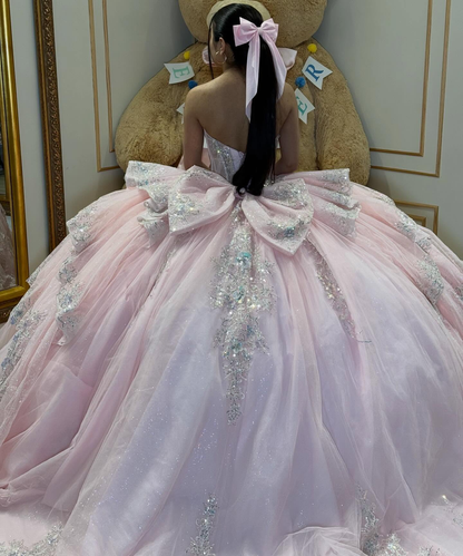 Luxury Sweetheart Crystal Beaded Strapless Pink Quinceanera Dresses for Sweet 16 HE1586