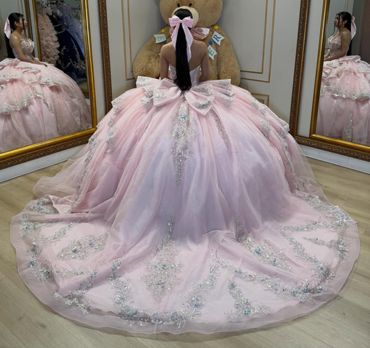 Luxury Sweetheart Crystal Beaded Strapless Pink Quinceanera Dresses for Sweet 16 HE1586
