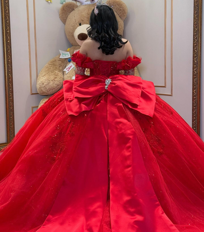Off Shoulder Tulle Lace Beaded Princess Red Quinceanera Dress for Sweet 15 HE1580