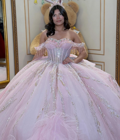 Off Shoulder Pink Tulle Ruffled Beaded Crystal Quinceanera Dress for Sweet 16 HE1582
