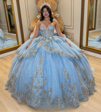 Sweetheart Glittery Tulle Lace Appliqued Blue Sweet 16 Quinceanera Dress with Ruffled HE1583