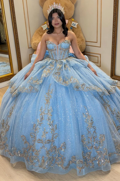 Sweetheart Glittery Tulle Lace Appliqued Blue Sweet 16 Quinceanera Dress with Ruffled HE1583