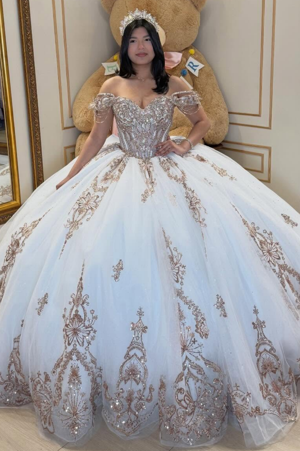 Crystal Lace Beaded Princess Ball Gown Sweet 16 Quinceanera Dresses for Birthday HE1584