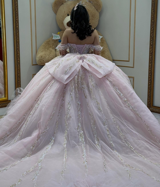 Off Shoulder Pink Tulle Ruffled Beaded Crystal Quinceanera Dress for Sweet 16 HE1582