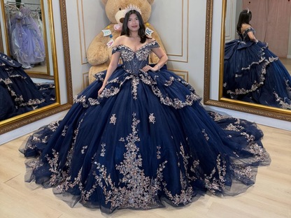 Princess Tulle Lace Appliqued Off Shoulder Blue Quinceanera Dress with Ruffled HE1585