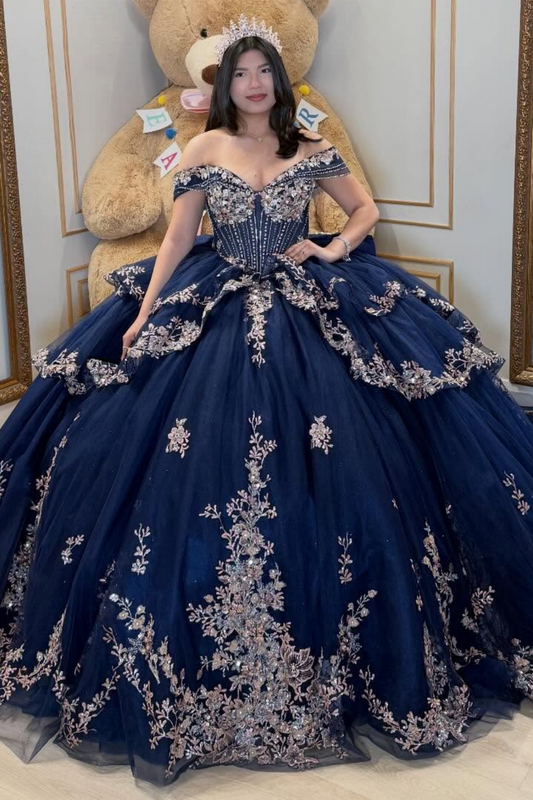 Princess Tulle Lace Appliqued Off Shoulder Blue Quinceanera Dress with Ruffled HE1585