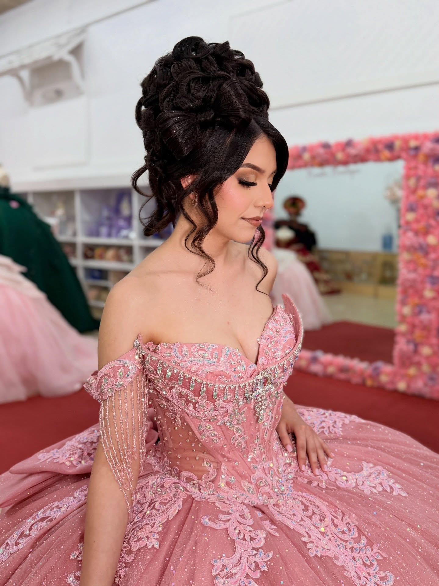 Glittery Tulle Lace Appliqued Pink Sweet 16 Quinceanera Dress for Sweet 15 HE1560