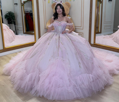 Off Shoulder Pink Tulle Ruffled Beaded Crystal Quinceanera Dress for Sweet 16 HE1582