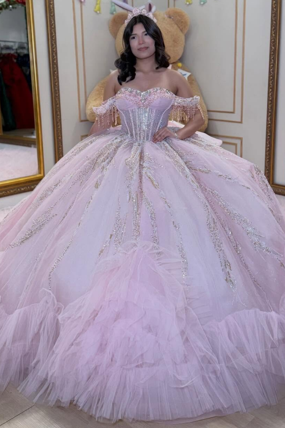 Off Shoulder Pink Tulle Ruffled Beaded Crystal Quinceanera Dress for Sweet 16 HE1582
