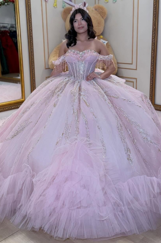 Off Shoulder Pink Tulle Ruffled Beaded Crystal Quinceanera Dress for Sweet 16 HE1582