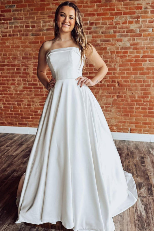 A Line Sweetheart Satin Wedding Dresses Plus Size Strapless Wedding Gowns HE1565