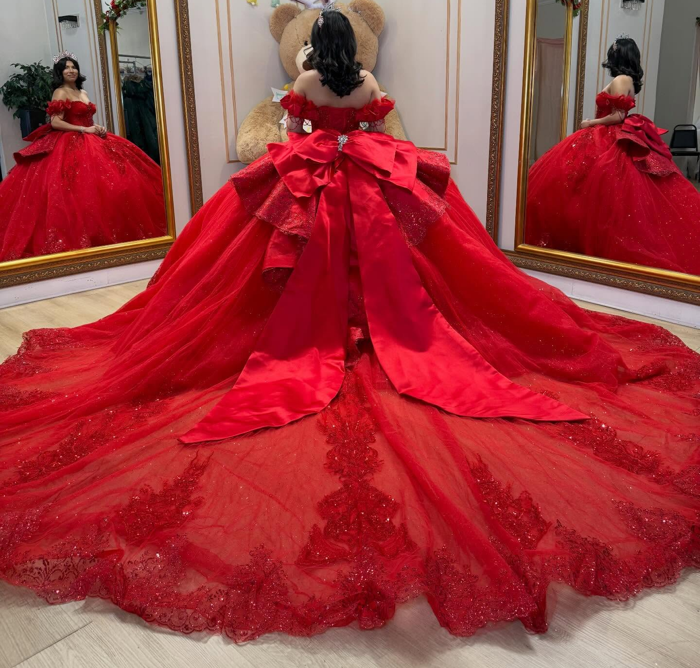 Off Shoulder Tulle Lace Beaded Princess Red Quinceanera Dress for Sweet 15 HE1580
