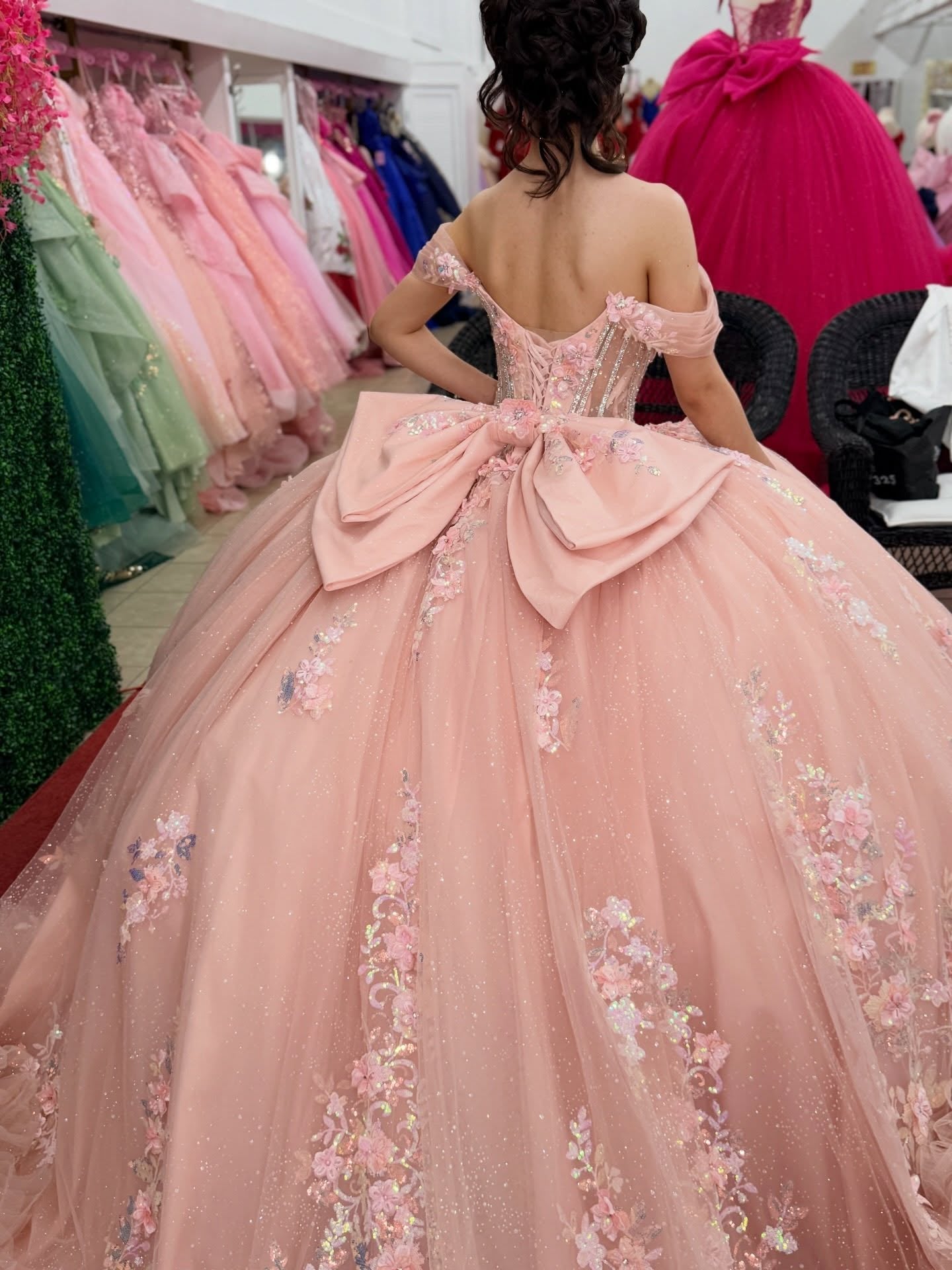 Off Shoulder Tulle Glittery Lace Beaded Pink Sweet 15 Quinceanera Dresses HE1561