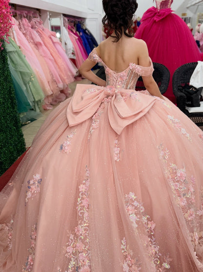 Off Shoulder Tulle Glittery Lace Beaded Pink Sweet 15 Quinceanera Dresses HE1561