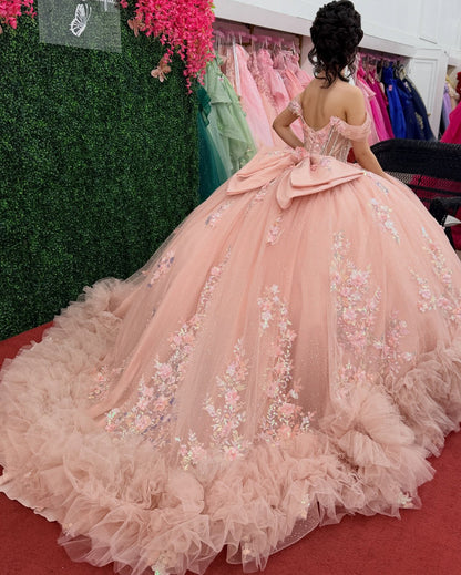 Off Shoulder Tulle Glittery Lace Beaded Pink Sweet 15 Quinceanera Dresses HE1561