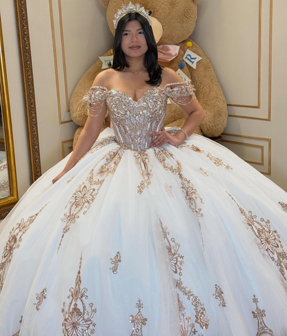 Crystal Lace Beaded Princess Ball Gown Sweet 16 Quinceanera Dresses for Birthday HE1584