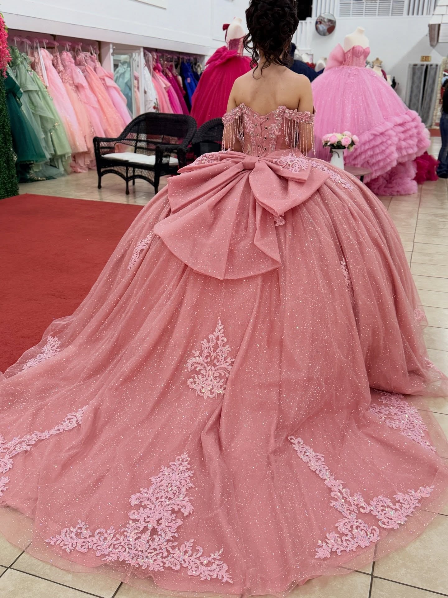 Glittery Tulle Lace Appliqued Pink Sweet 16 Quinceanera Dress for Sweet 15 HE1560