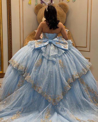 Sweetheart Glittery Tulle Lace Appliqued Blue Sweet 16 Quinceanera Dress with Ruffled HE1583