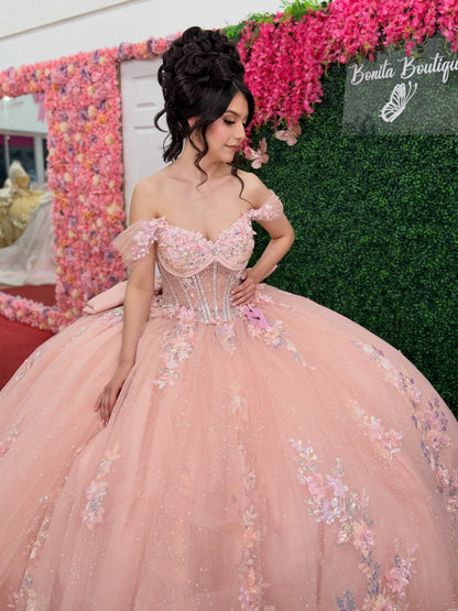 Off Shoulder Tulle Glittery Lace Beaded Pink Sweet 15 Quinceanera Dresses HE1561