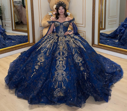 Luxury Crystal Lace Beaded Off Shoulder Sweet 16 Blue Quinceanera Dresses HE1581