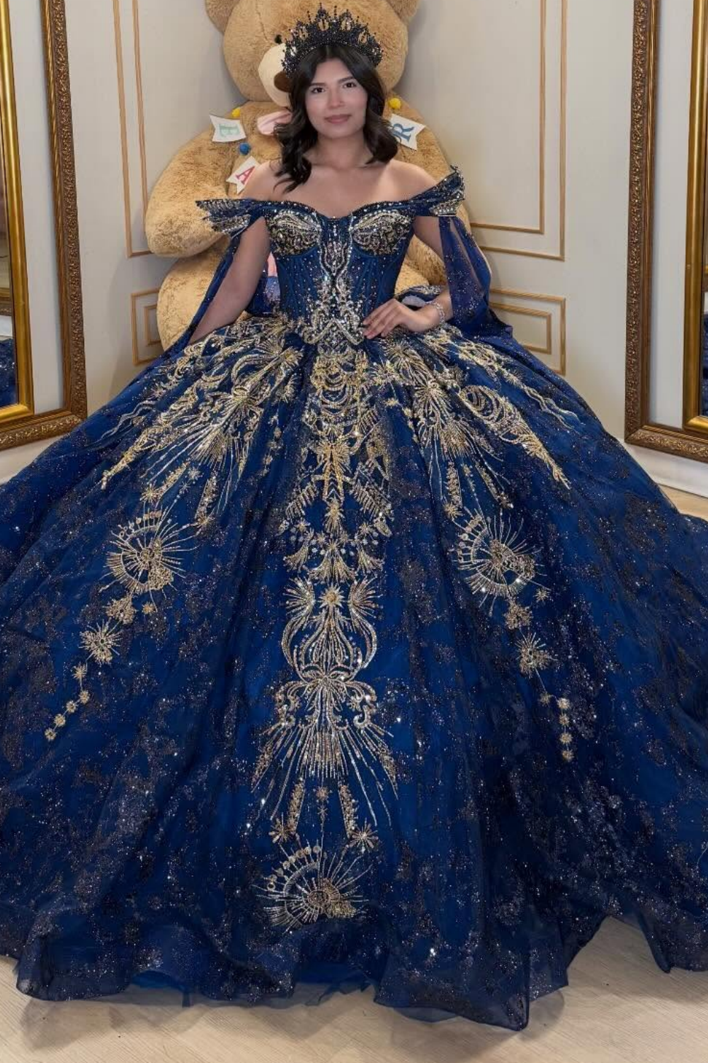 Luxury Crystal Lace Beaded Off Shoulder Sweet 16 Blue Quinceanera Dresses HE1581