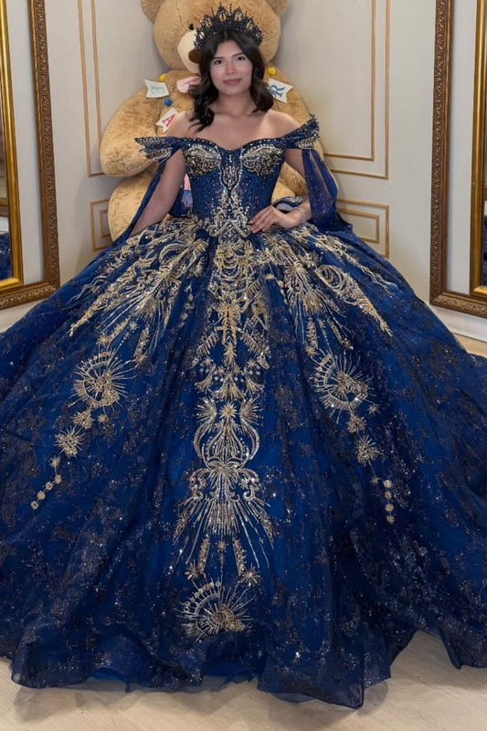 Luxury Crystal Lace Beaded Off Shoulder Sweet 16 Blue Quinceanera Dresses HE1581