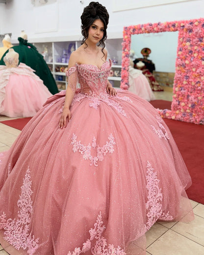 Glittery Tulle Lace Appliqued Pink Sweet 16 Quinceanera Dress for Sweet 15 HE1560