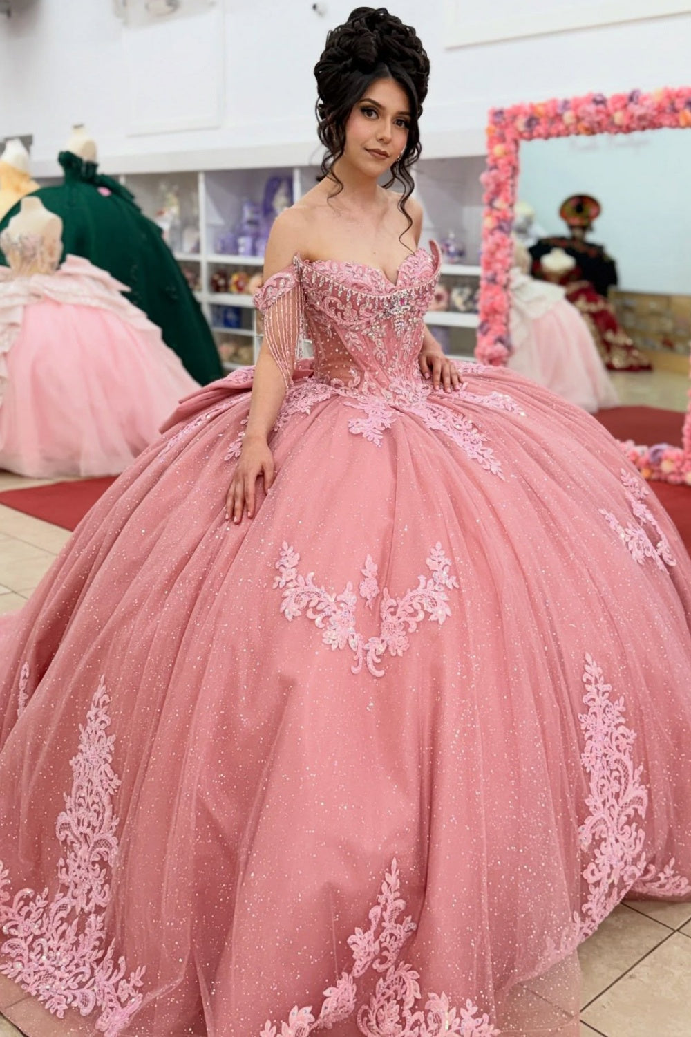 Glittery Tulle Lace Appliqued Pink Sweet 16 Quinceanera Dress for Sweet 15 HE1560