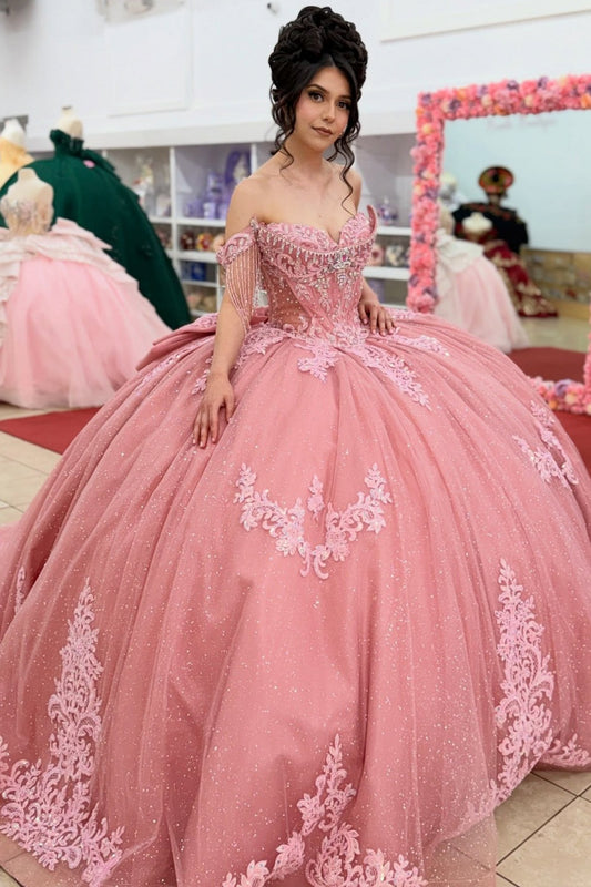 Glittery Tulle Lace Appliqued Pink Sweet 16 Quinceanera Dress for Sweet 15 HE1560