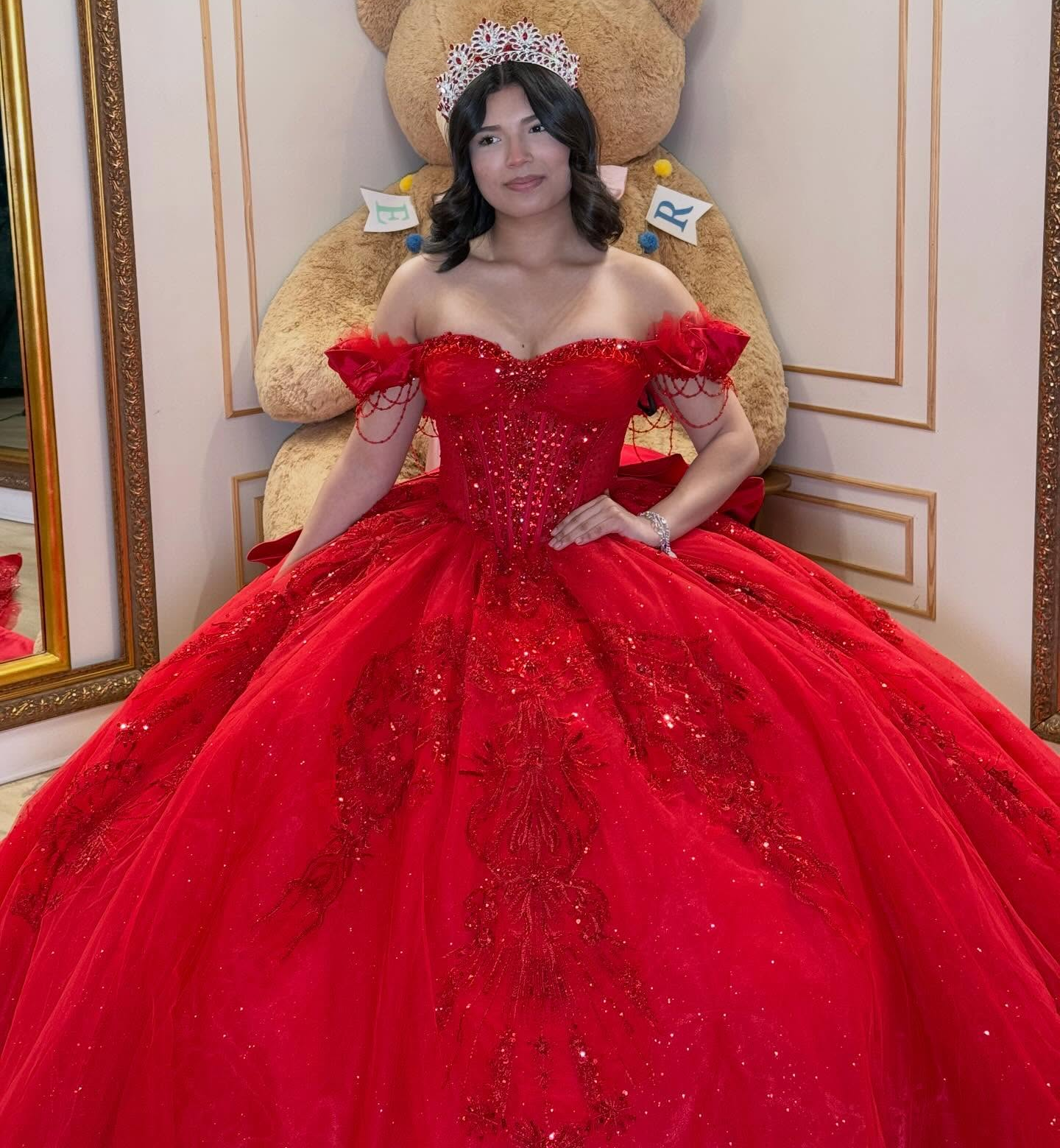 Off Shoulder Tulle Lace Beaded Princess Red Quinceanera Dress for Sweet 15 HE1580