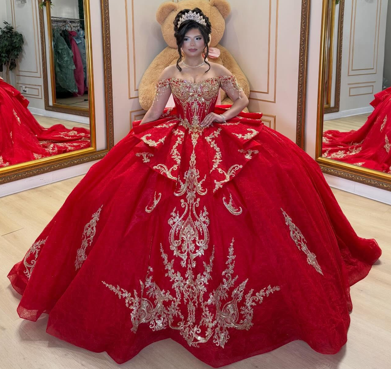 Lace Appliqued Beaded Off Shoulder Red Quinceanera Dresses for Sweet 16 HE1578