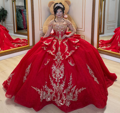 Lace Appliqued Beaded Off Shoulder Red Quinceanera Dresses for Sweet 16 HE1578