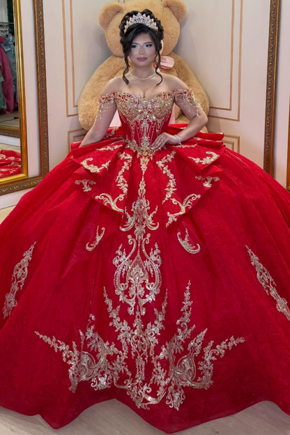Lace Appliqued Beaded Off Shoulder Red Quinceanera Dresses for Sweet 16 HE1578