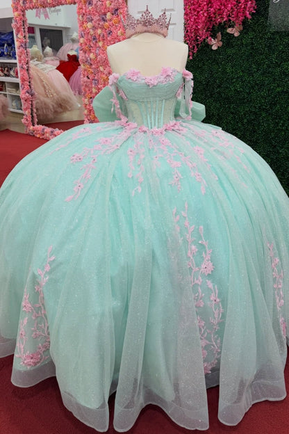 Ball Gown Lace Appliqued Princess Tulle Quinceanera Dresses for Sweet 15 HE1552