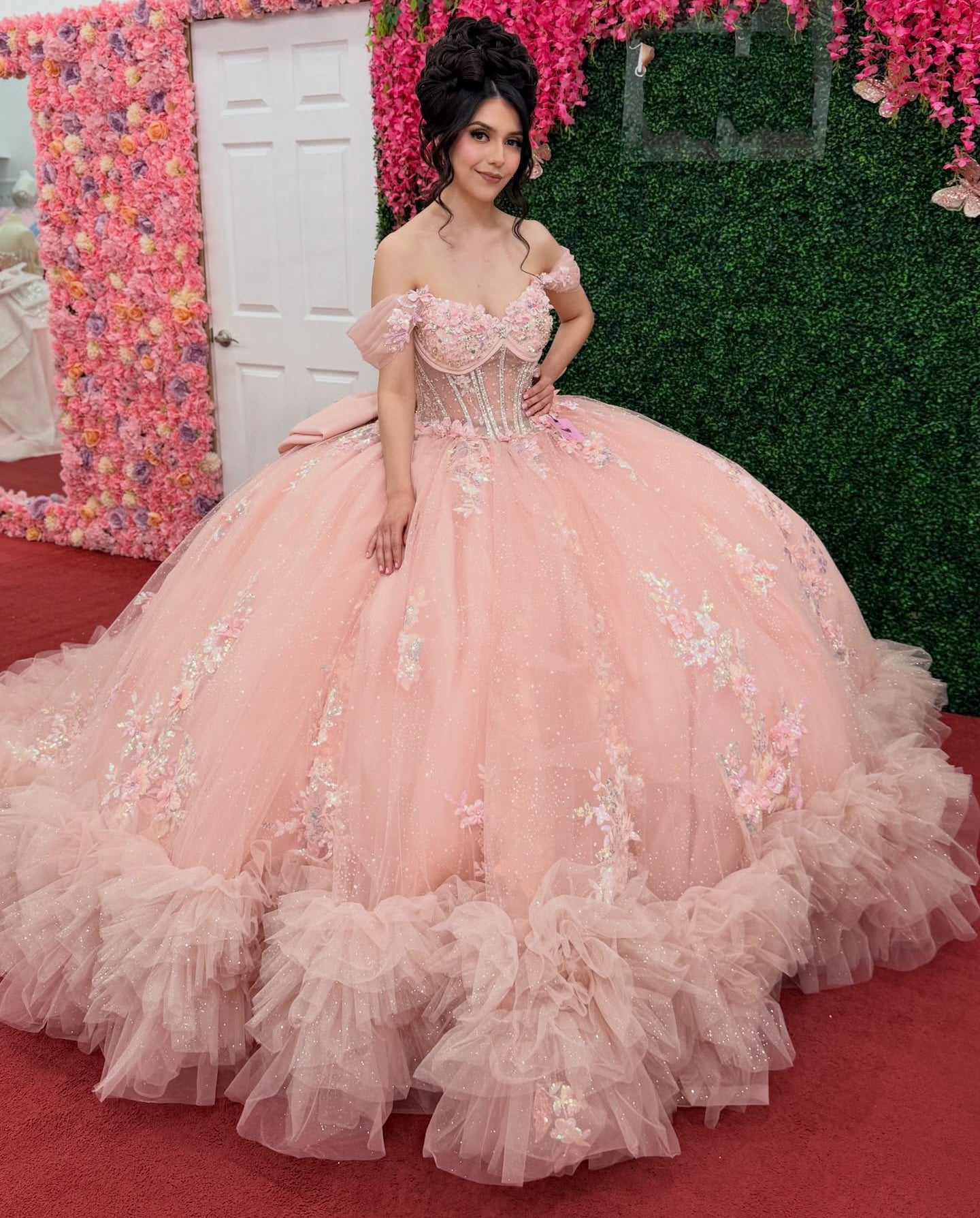 Off Shoulder Tulle Glittery Lace Beaded Pink Sweet 15 Quinceanera Dresses HE1561