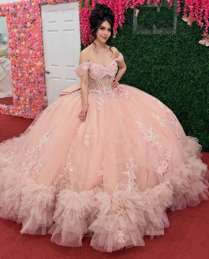 Off Shoulder Tulle Glittery Lace Beaded Pink Sweet 15 Quinceanera Dresses HE1561