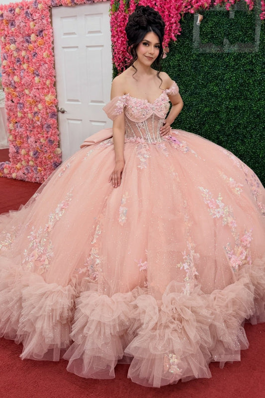 Off Shoulder Tulle Glittery Lace Beaded Pink Sweet 15 Quinceanera Dresses HE1561