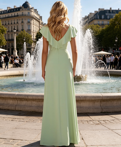 A Line Long Bridesmaid Dresses Chiffon V Neck Wedding Guest Dress for Women HE1686