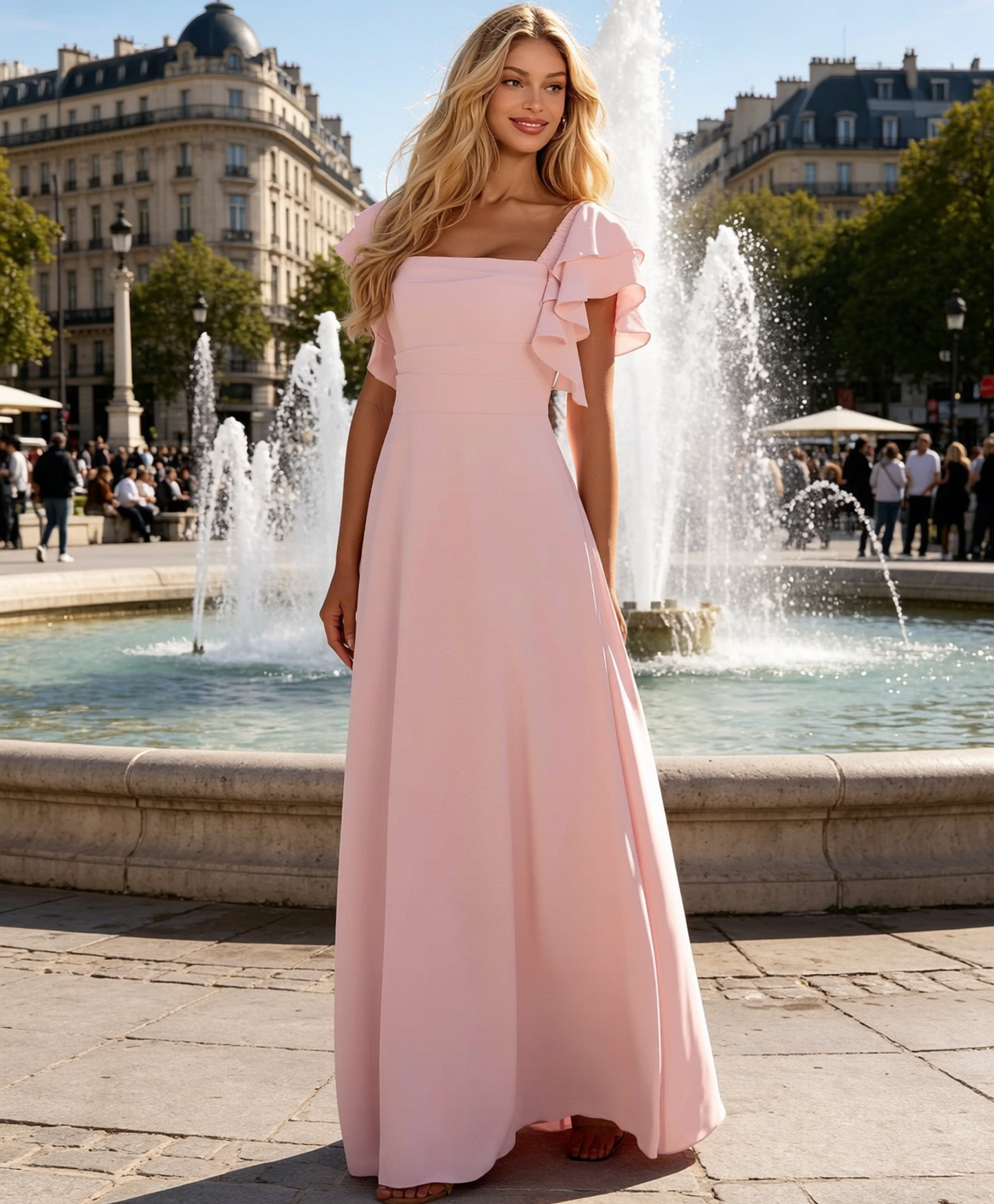 Blush Pink Chiffon Bridesmaid Dresses Long A Line Pleated Wedding Guest Dress HE1754