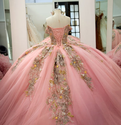 Princess Ball Gown Pink Tulle Lace Appliqued Ruffled Quinceanera Dresses HE1555