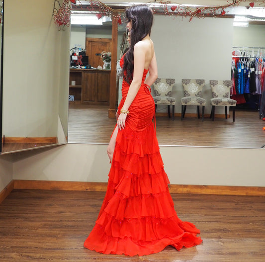 Strapless Mermaid Chiffon Tiered Long Prom Dresses Sweetheart Corset Party Gowns HE1583